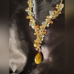 Avon Quartz & Tigers Eye Y Shaped Necklace In Gold Tone